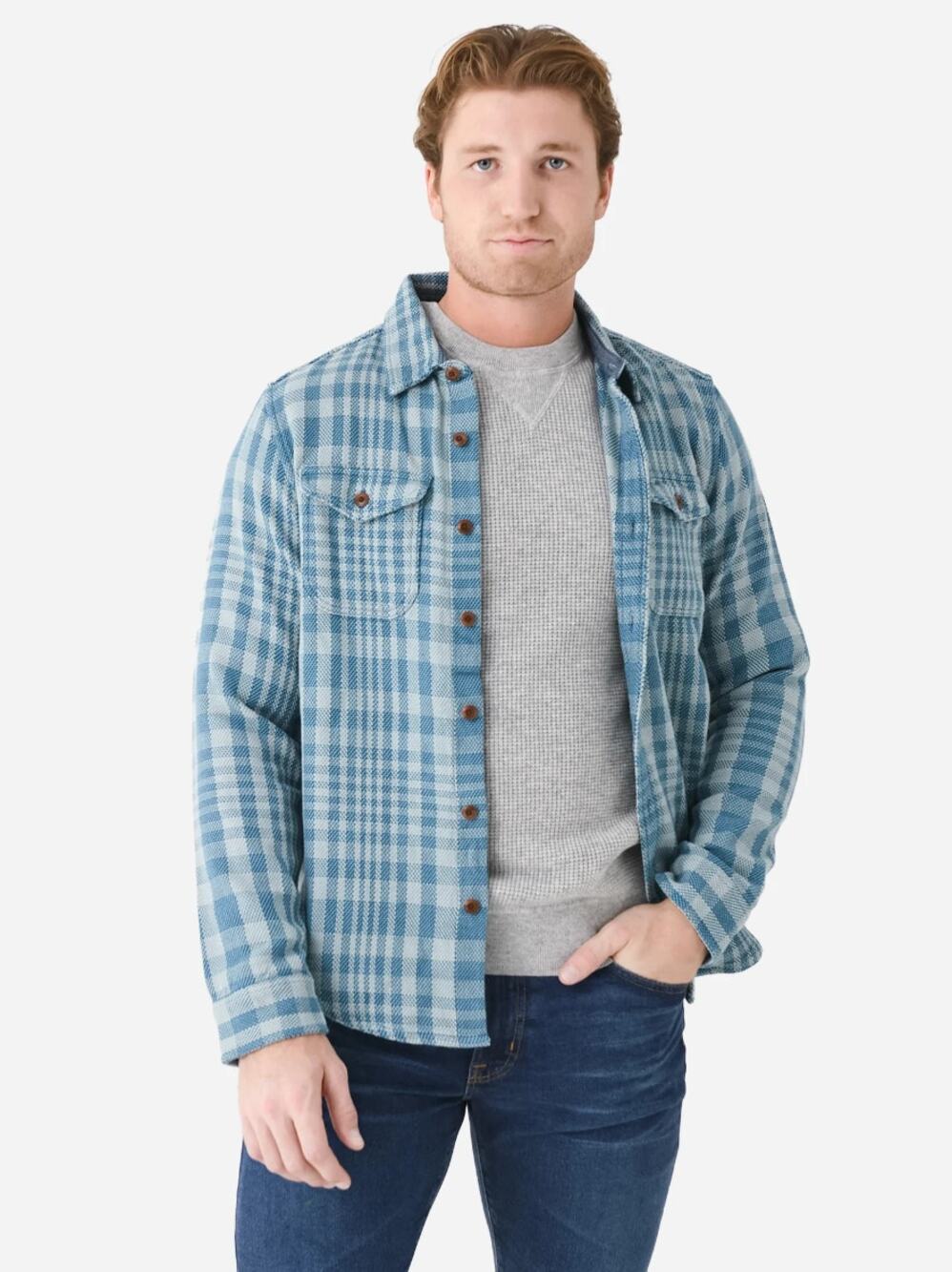 Outerknown Blanket Flap Pocket Button Front Shirt Adriatic Blue Plaid L $148